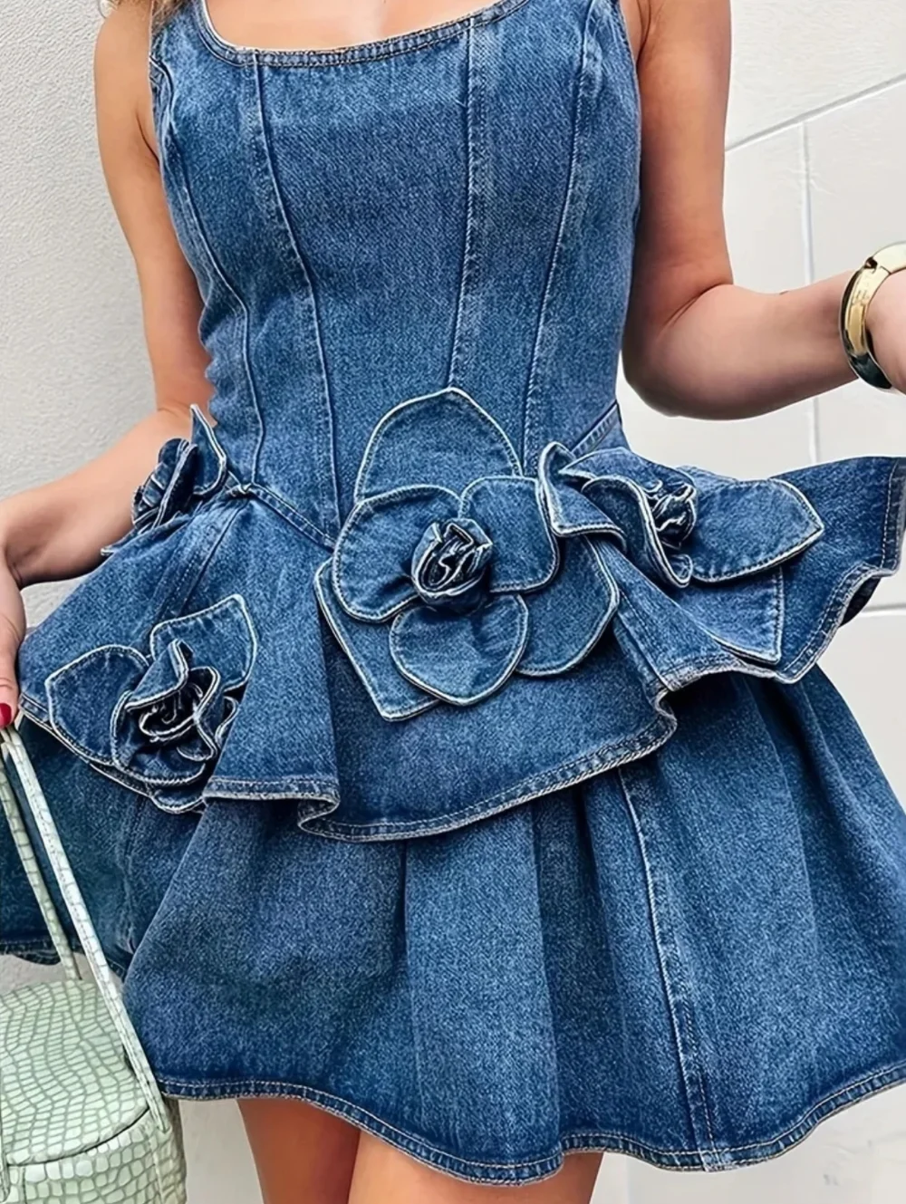 Denim Ruffled Mini Dress with Floral Appliqué - Blue - Picture 3 of 5